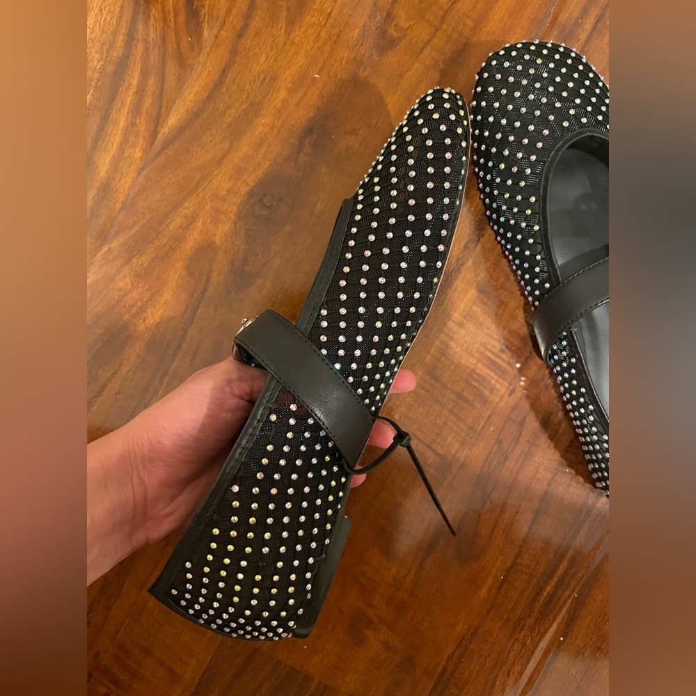 NWOT Reformation Bethany Black Rhinestone Mesh Ballet Flats - Picture 5 of 7